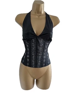 Vintage Jane Norman Y2K Black Satin Embroidered Corset Top Size 10 - Picture 1 of 8