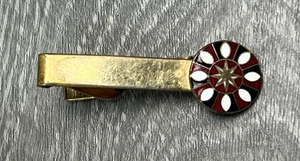 Vintage Gold Tone Tie Clip Red White Black Starburst Round Enamel Mens Accessory - Picture 1 of 7