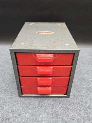 Vintage Small Gray and Red Dunlap Parts Tool Metal 4 Drawer Cabinet Chest Box - Image 1 of 4