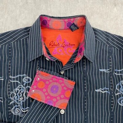 Robert Graham Shirt Adult Large Tall Blue Silk Trim Button Up Long Sleeve Mens - Image 1 of 4