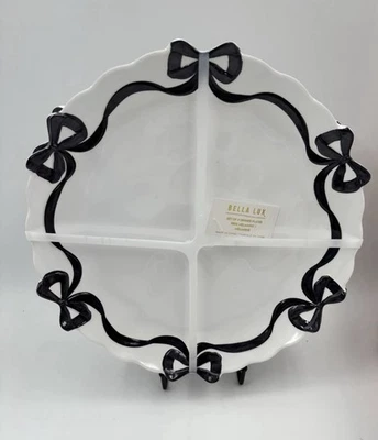 Bella Lux Black & White Coquette Bow Melamine Dinner Plate Set 4pc New - Image 1 of 3