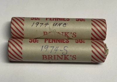 ORIGINAL 1974-P 1974-S Shotgun Bank Rolls Lincoln Memorial Cents 50 Uncirculated - Image 1 of 4