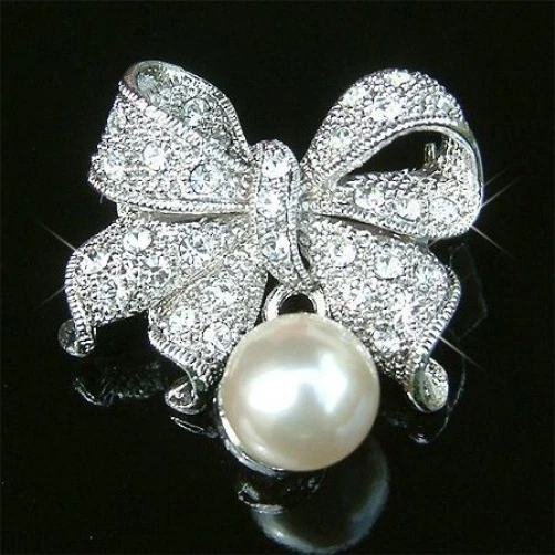 Perla Fiocco IN Swarovski Cristallo Sposa Love Nodo Nastro Spilla Gioielli - Immagine 1 di 1