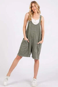 Mittoshop Washed Terry Adjustable Strap Cami Romper Overall Shorts Olive Green - Picture 1 of 9
