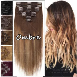 Ombre 100% Remy Human Hair Clip In Extensions Full Head 8 Pieces Long Soft THICK - Picture 1 of 32