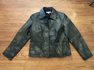 J Crew Leather jacket black green oil slick iridescent M - Picture 1 of 4