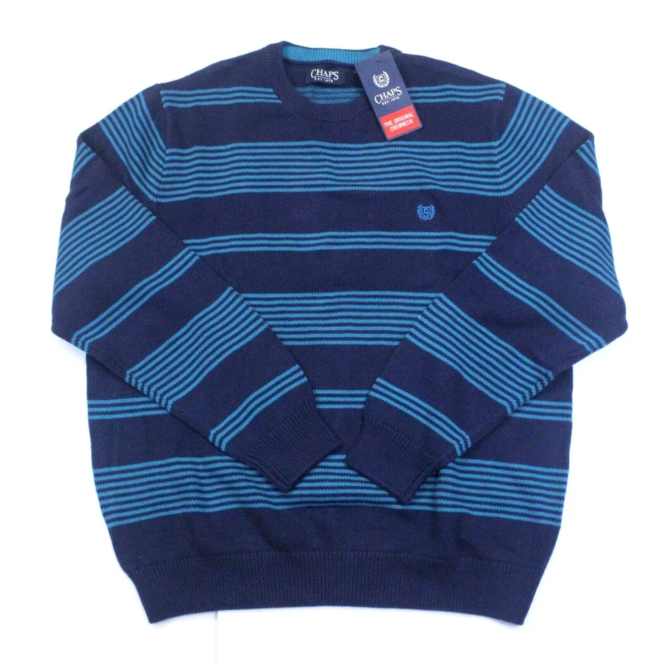 CHAPS Ralph Lauren Sweater Men XXL 2XL Blue Striped Cotton Long Sleeve Crew Neck