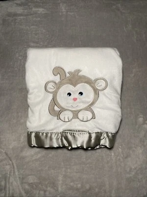 Blankets & Beyond Monkey Baby Blanket Gray Silver Satin Trim Soft Lovey 28x33 - Image 1 of 3