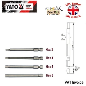 Yato Professional Long Hex Bits Length: 100mm(4") 3 4 5 6 or Set of 4 YT-0494-5 - Picture 1 of 8