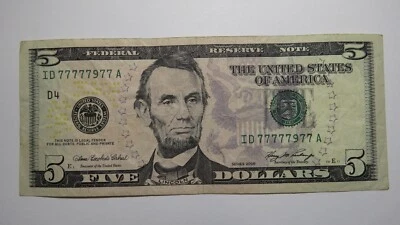 $5 2006 Near Solid Serial Number Federal Reserve Bank Note Bill VF+ #77777977 - Image 1 of 2
