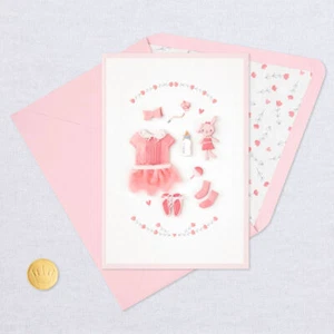 Hallmark Baby Girl Congratulations Card by Signature ~ Pastel Pink Clothes & Toy - Picture 1 of 2