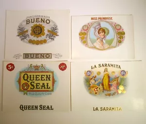 4 Vintage ORIGINAL Cigar Box Labels Miss Primrose Bueno Queen Seal Saramita G11 - Imagen 1 de 2