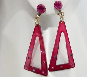 Vintage Clip Earrings 1960s Large Drop Pink Lucite Sparkle Rhinestones - Picture 1 of 20