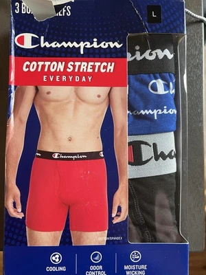 Paquete de 2 calzoncillos boxer elásticos cómodos para todos los días Champion para adultos y hombres, talla L, azules y negros Foto 1 de 3