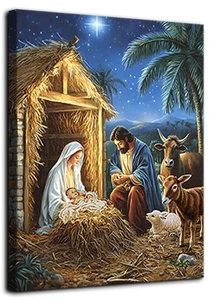 Christmas Wall Art Nativity Scene Picture Jesus in a Manger Canvas Print Chri... - Foto 1 di 5