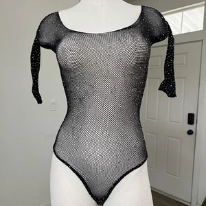 Womens Sheer Mesh Leotard Rhinestone Long Sleeve Bodysuit Fishnet Grunge Rave - Picture 1 of 17