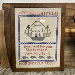 Antique Framed Cross Stitch Sampler Wall Hanging 1800s Primitive - Picture 1 of 5