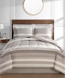 Fairfield Square Collection Taupe Austin Stripe/Solid 8 Pc King Comforter Set - Picture 1 of 7