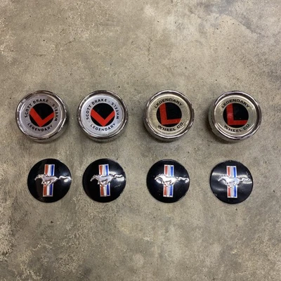 4 Each Scott Drake Center Cap Set  C-5107-CHR. With Mustang Decals Plastic - Image 1 of 3