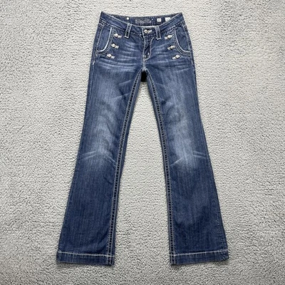 Pantalones de mezclilla Miss Me para mujer 27 descoloridos lavados pierna ancha elásticos tachuelas solapa bolsillo adornado Foto 1 de 4