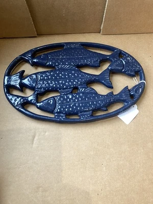 Used Cast Iron Trivet Dark Blue Enamel  TROUT - School of Fish - 11.25" x 7.25" - Image 1 of 3