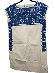 Madewell XS creme & blau bestickt Flügelärmel Kleid Baumwolle Tunika - Bild 1 von 7