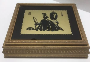 Vtg SILHOUETTE Jewelry Box CRINOLINE LADY Ornate Gold Gilded Wooden Mirrored - Picture 1 of 12