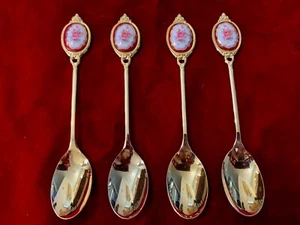 Serving Spoons 4 Victorian Red & Pink Flowers Stainless Steel Golden 5 1/4" New - Picture 1 of 6