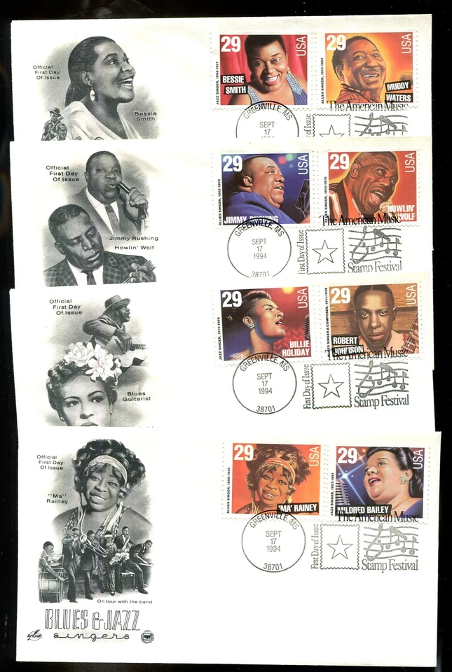 US FDC # 2854-2861 29c Blues & Jazz Singers ArtCraft / PCS 4 FDC's  1994, 9p3301 - Image 1 of 1