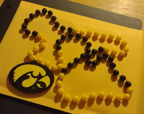 Iowa Hawkeyes Mardi Gras Party Beads Black & Yellow With Pendant Official NCAA Cover