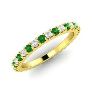 0.72 Ct Natural Emerald & Diamond Wedding Eternity Band 14K Solid Yellow Gold - Picture 1 of 4