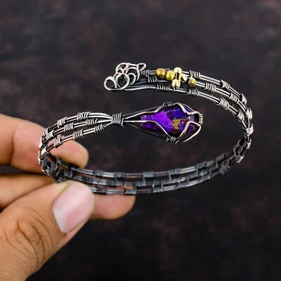 Natural Turquoise Gemstone Bangle Wire Wrapped Purple Adjustable Unknown Copper - Image 1 of 4