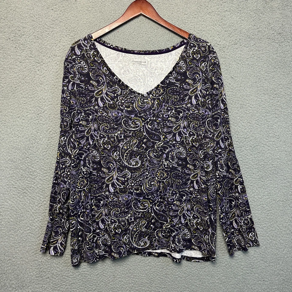 Charter Club Top 3X Plus Paisley Knit 100% Pima Cotton Blue V Neck Casual - Image 1 of 4