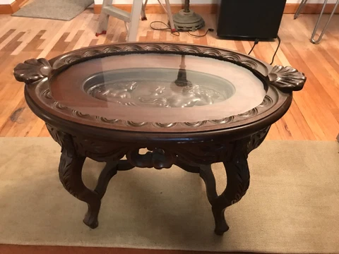 Oval Removable Glass Top Serving Tray Coffee Table Carved Cover