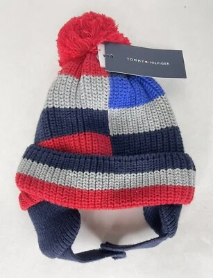 Boné Tommy Hilfiger Bebês Azul Marinho Vermelho Cinza Gorro Quente Pom Pom Com Alça Novo com etiquetas - Imagem 1 de 2