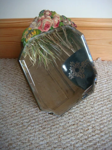 Original Art Deco Roses Barbola Bevelled Glass Free Standing Hexagonal Mirror Cover
