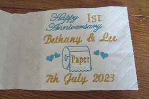 Personalised Happy 1st Anniversary Paper Wedding Embroidered toilet roll - Picture 1 of 11