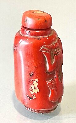 Vintage Antique Chinese Hand Carved Coral Dog Perfume Snuff Bottle Old • 325£