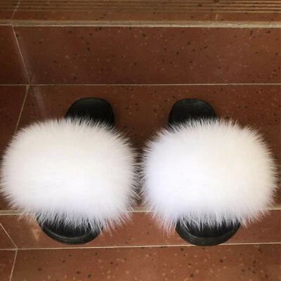 Blanco- Para mujeres Toboganes Zapatillas de piel de zorro real Sandalias de verano Playa Vacaciones Zapatos  Foto 1 de 4