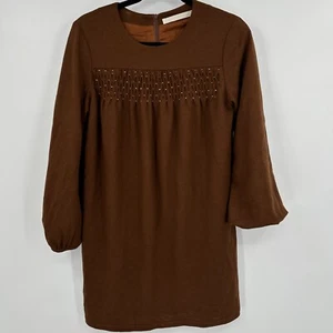 Shannon Mclean Dress Women's Brown Beaded Ruched Back Zip Balloon Sleeve - Picture 1 of 10