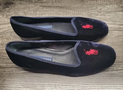 Vintage Ralph Lauren Blue Velvet Loafers Slip On Women Size 7.5AA Made In Spain - Image 1 of 4
