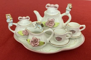 Vintage 6 Pce Miniature Ceramic Tea Set w Pink Rose Angel Bow Tie Doll Set Art - Picture 1 of 19