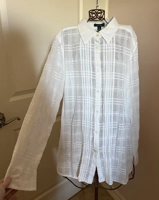 Blusa Lauren Jeans Co. Ralph Lauren Blanca a Cuadros Abotonada Talla 1X 100% Algodón Foto 1 de 4