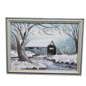 Oil Painting  Signed Skeiler 84 Winter Scene Country Landscape Barn Wood Framed - Picture 1 of 7