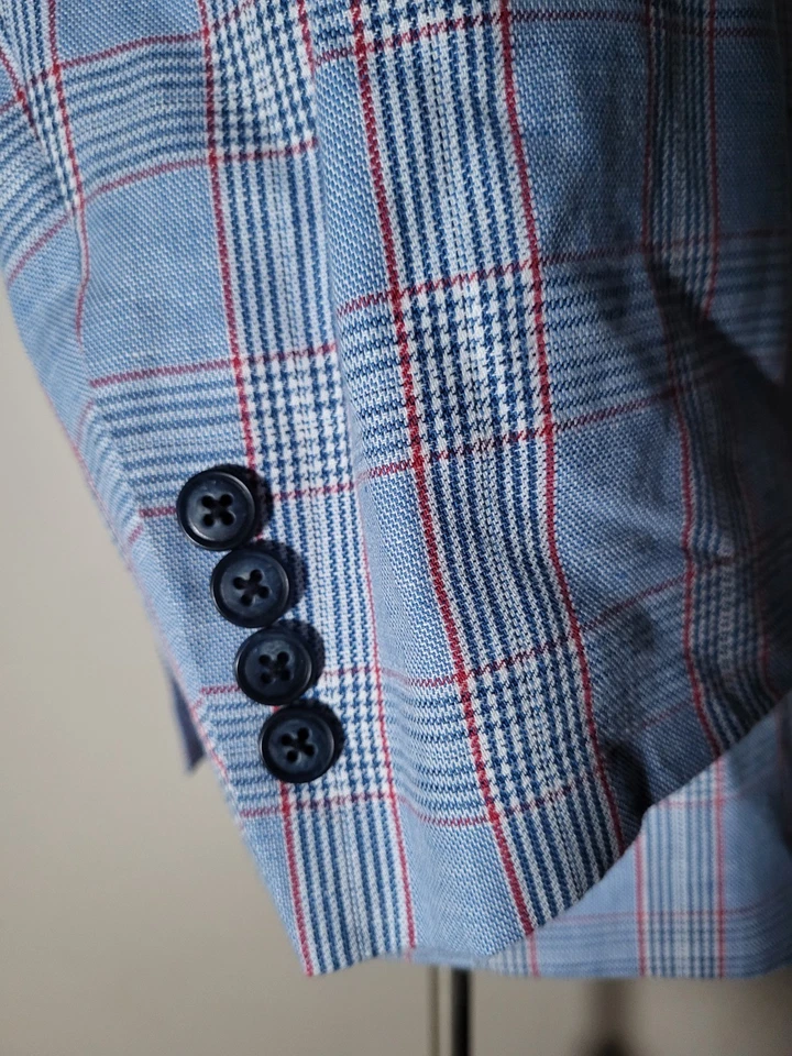 Chaqueta Blazer Abrigo Deportivo 48L Paul Fredrick Lino Algodón Azul Blanco Rosa Cuadros Foto 1 de 4