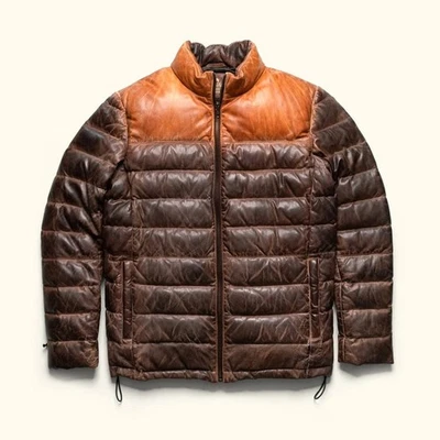 Men's Puffer Brown Soft & Smooth Authentic Lambskin Real Leather Vest & Jacket - Image 1 of 2