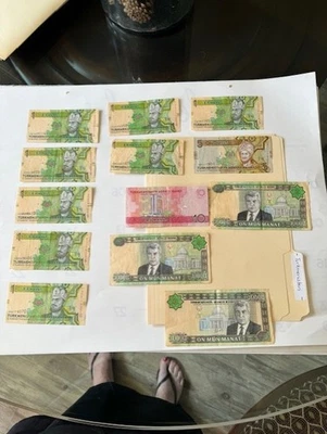 Lot of 14 Turkmenistan Banknotes – 10,000 to 1 Manat – Pre-2009 Obsolete Manat - Image 1 of 4