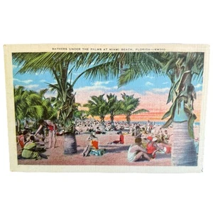 Vintage Leinen Postkarte Miami Beach Florida Palme Sonnenanbeter Made in USA - Bild 1 von 2