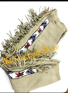 Pantalón Western Hombres Beige Piel de Bucks Cuero Gamuza Flecos Cuentas Powwow Regalia SIESTA 65 - Imagen 1 de 3