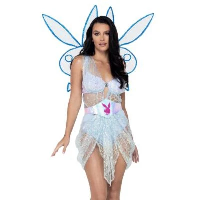 Playboy Fairy Costume Sheer Sequin Dress Draped Logo Glitter Wings Blue PB152 - Image 1 of 4